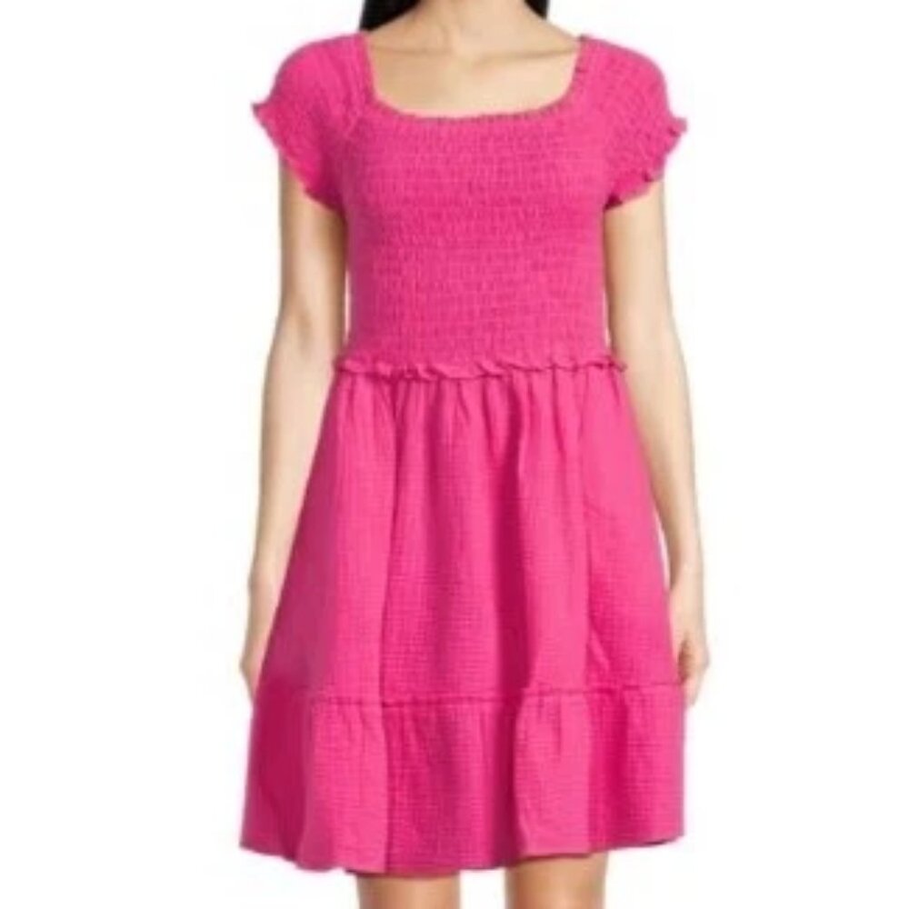 Time and Tru Women Smocked Double Cloth Dress Size XS 0-2 Pink NWT